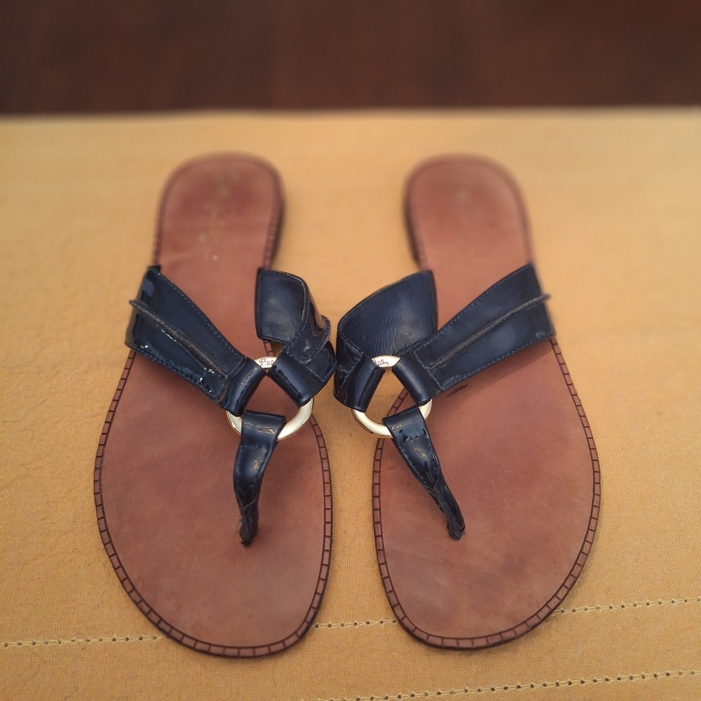 Lilly Pulitzer Leather Navy Made In Brazil Flip Flop Flat Sandals Sz 7 - Picture 4 of 14